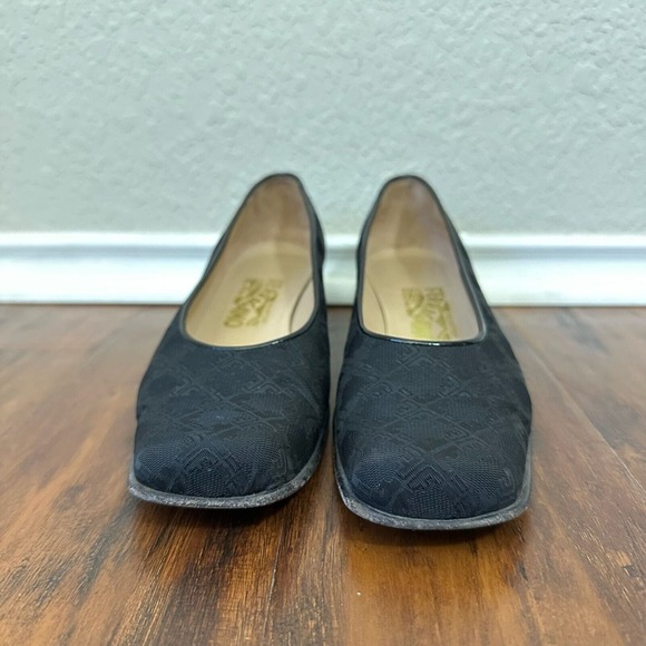 SALVATORE FERRAGAMO Slip-On Square Toe Pump Heels in Black Check Cloth - Picture 5 of 12